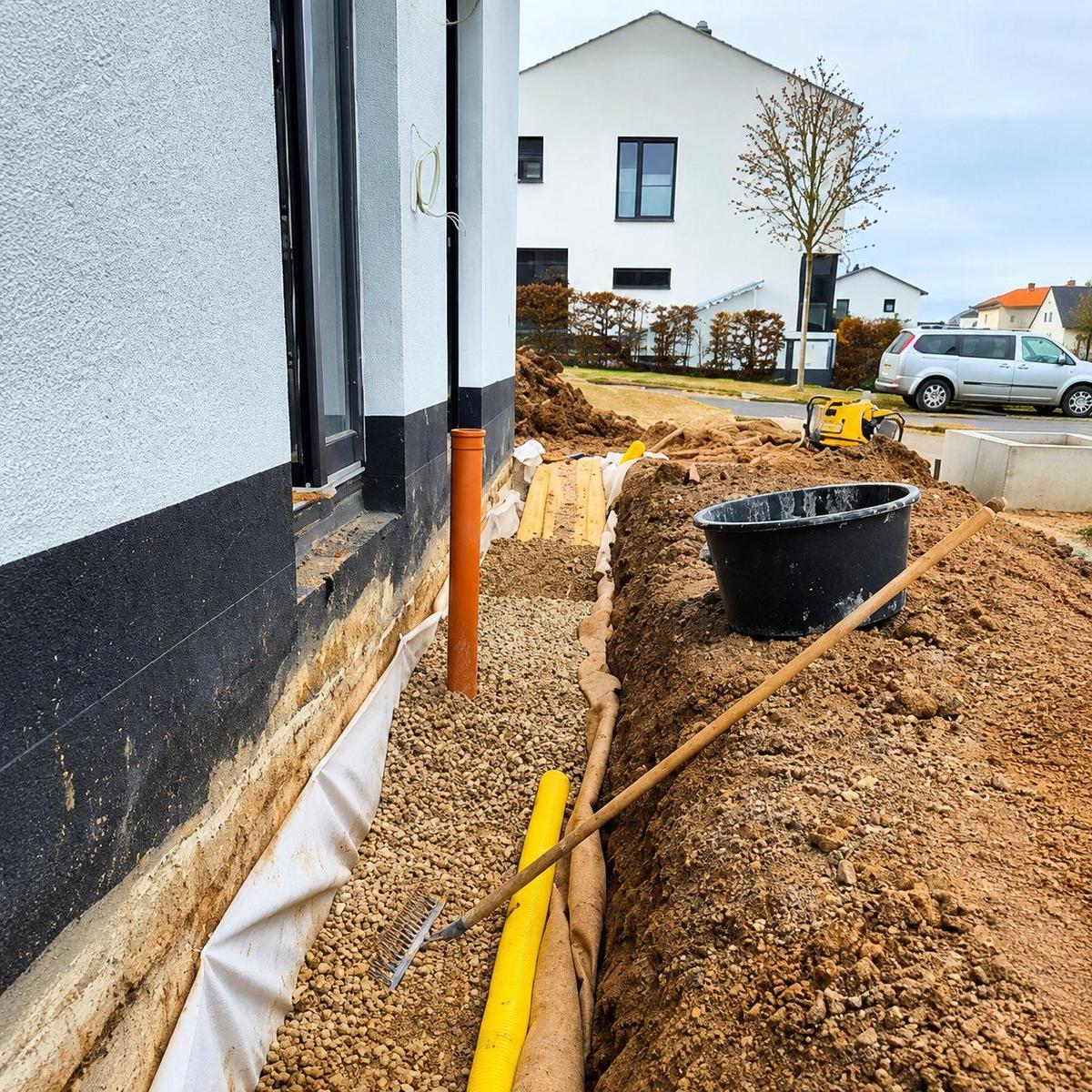 Drainagegraben mit Kiesbett, Vlies und Rohr entlang einer Hauswand, gebaut von Braun Gartenbau