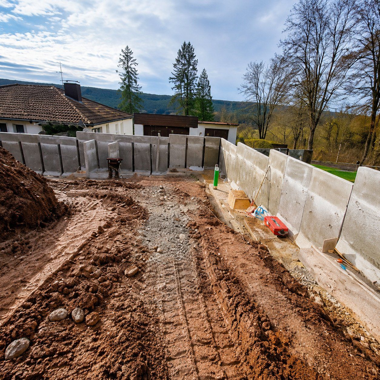 Stützwand aus L-Steinen entlang der Grundstücksgrenze in Puschendorf, gesetzt von Braun Gartenbau
