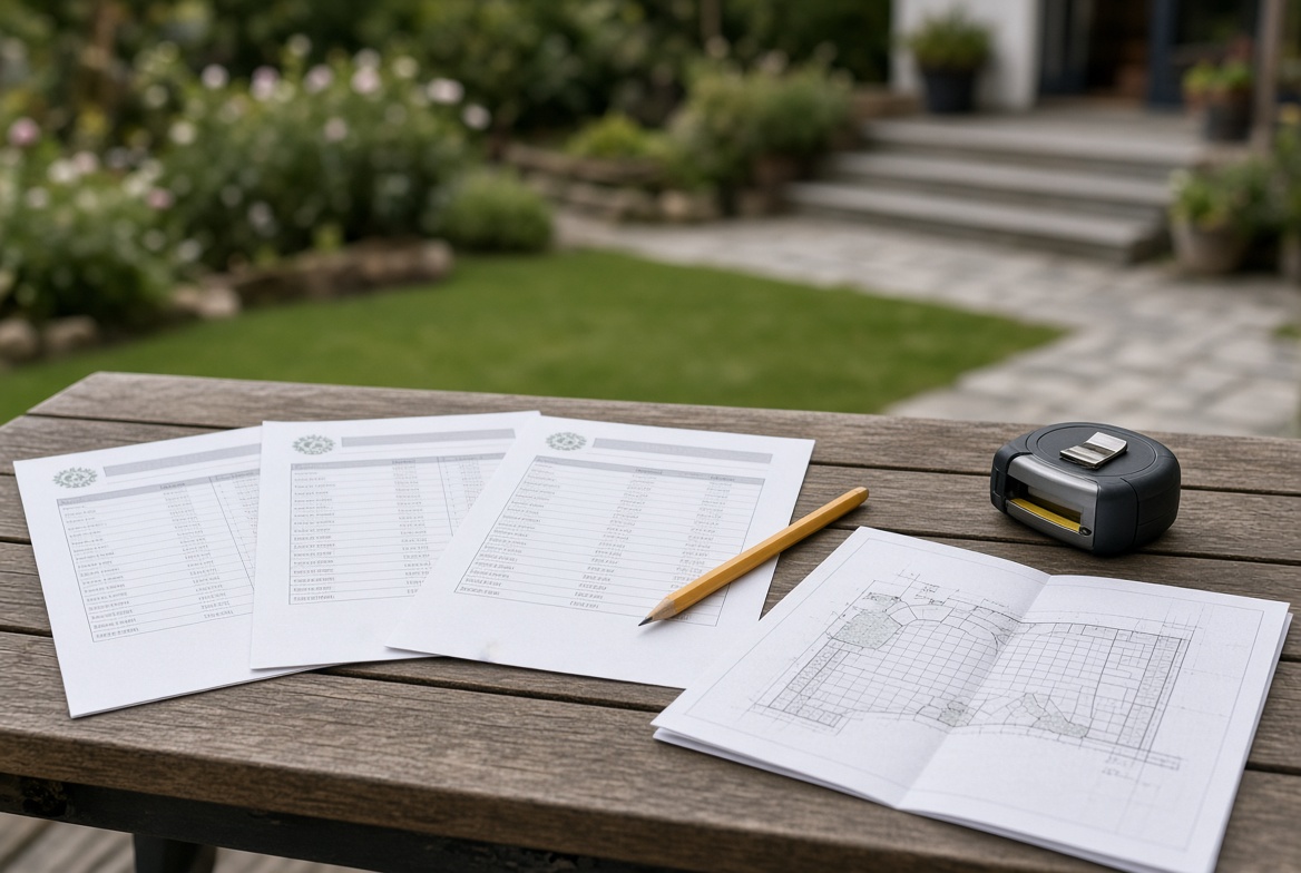 Drei Angebote, Bauplan, Bleistift und Maßband auf einem Gartentisch