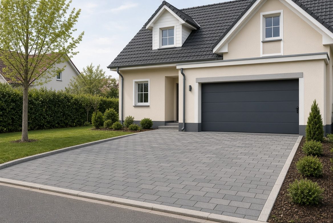 Neu gepflasterte Einfahrt aus Betonpflaster vor einem Einfamilienhaus mit Garage
