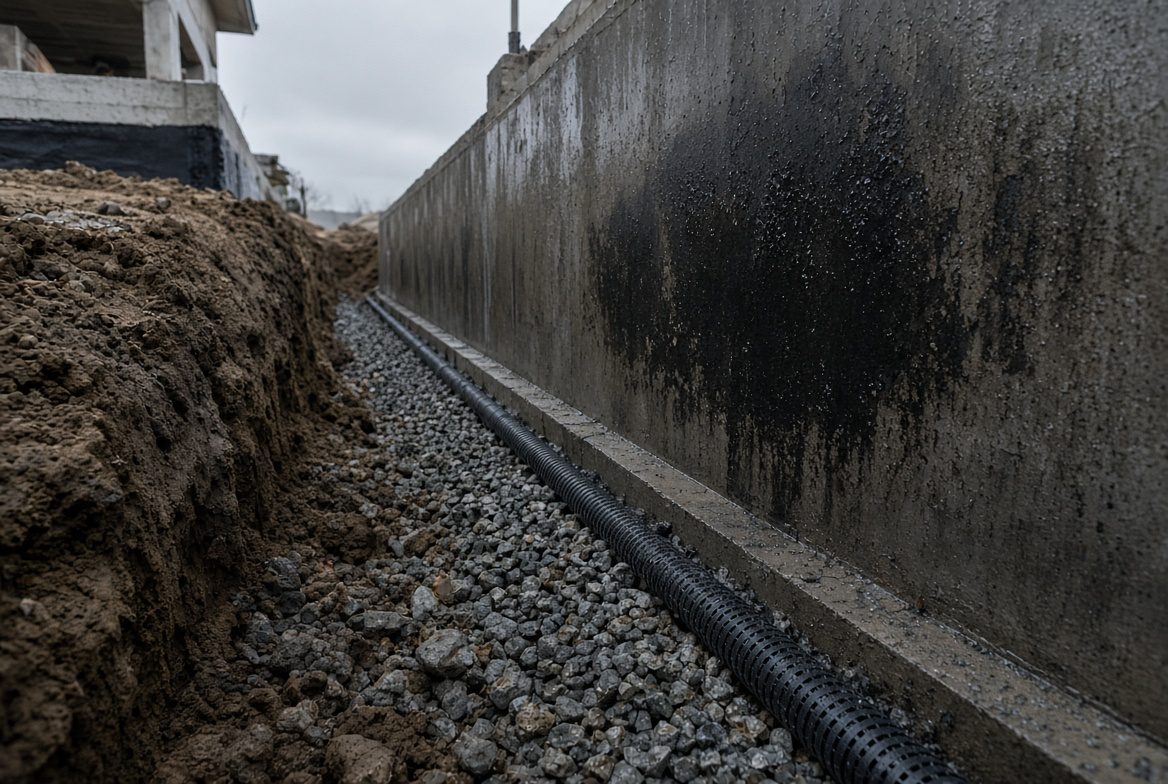 Offene Baugrube mit Drainagerohr in Kies entlang der Kellerwand eines Hauses