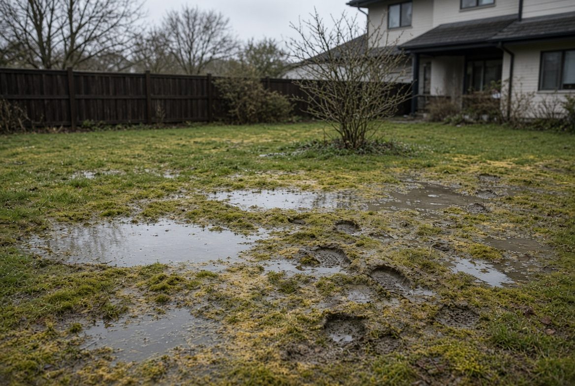 Neu angelegter Garten am Reihenhaus mit Terrasse, frischem Rasen und jungen Pflanzungen
