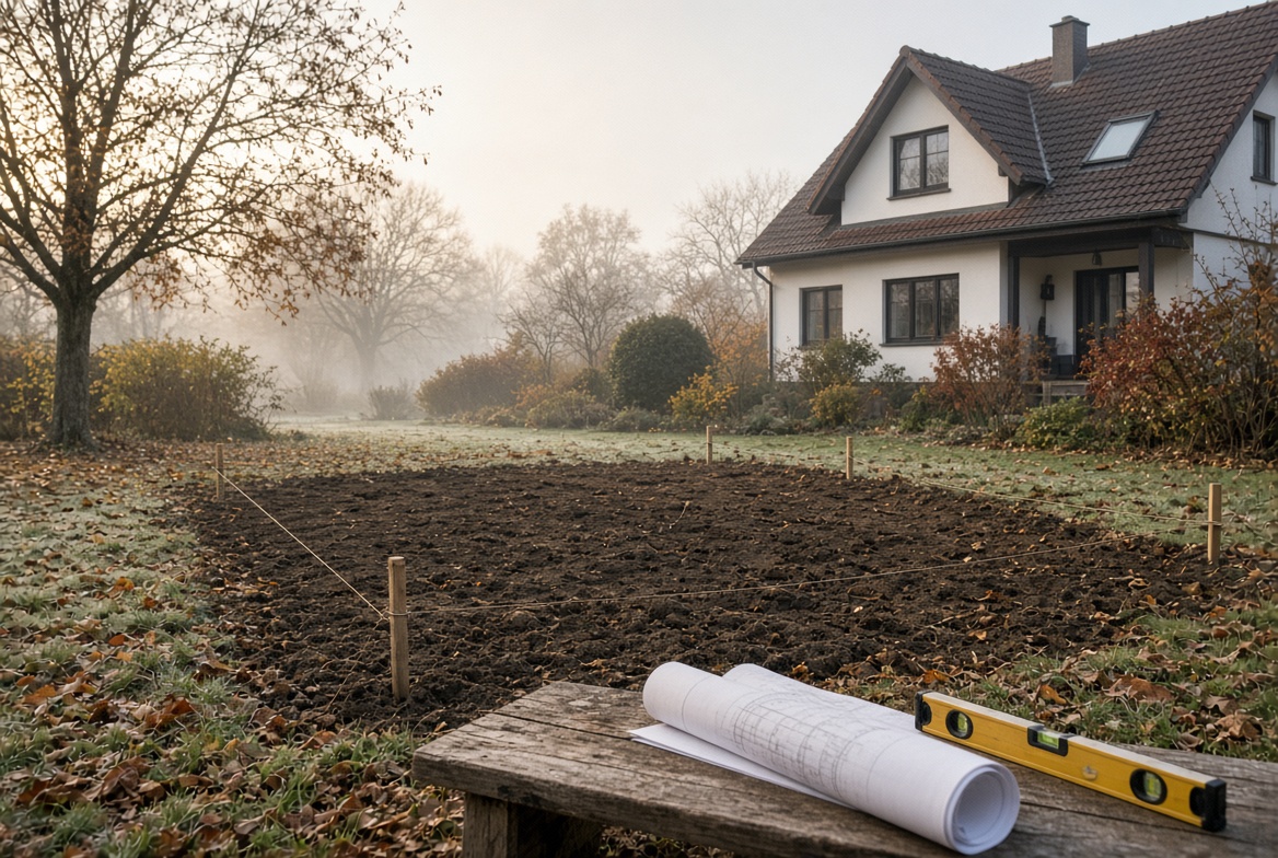 Abgesteckte Gartenfläche mit Schnüren, Bauplan und Wasserwaage im Herbst vor einem Einfamilienhaus