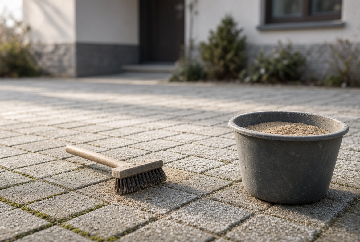 Fugenbürste und Eimer mit Fugensand auf einer Pflasterfläche vor einem Wohnhaus