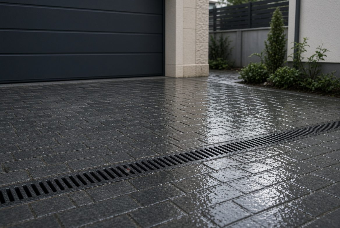 Matschiger Rasen mit Pfützen, Moos und Fußspuren nach Regen im Garten