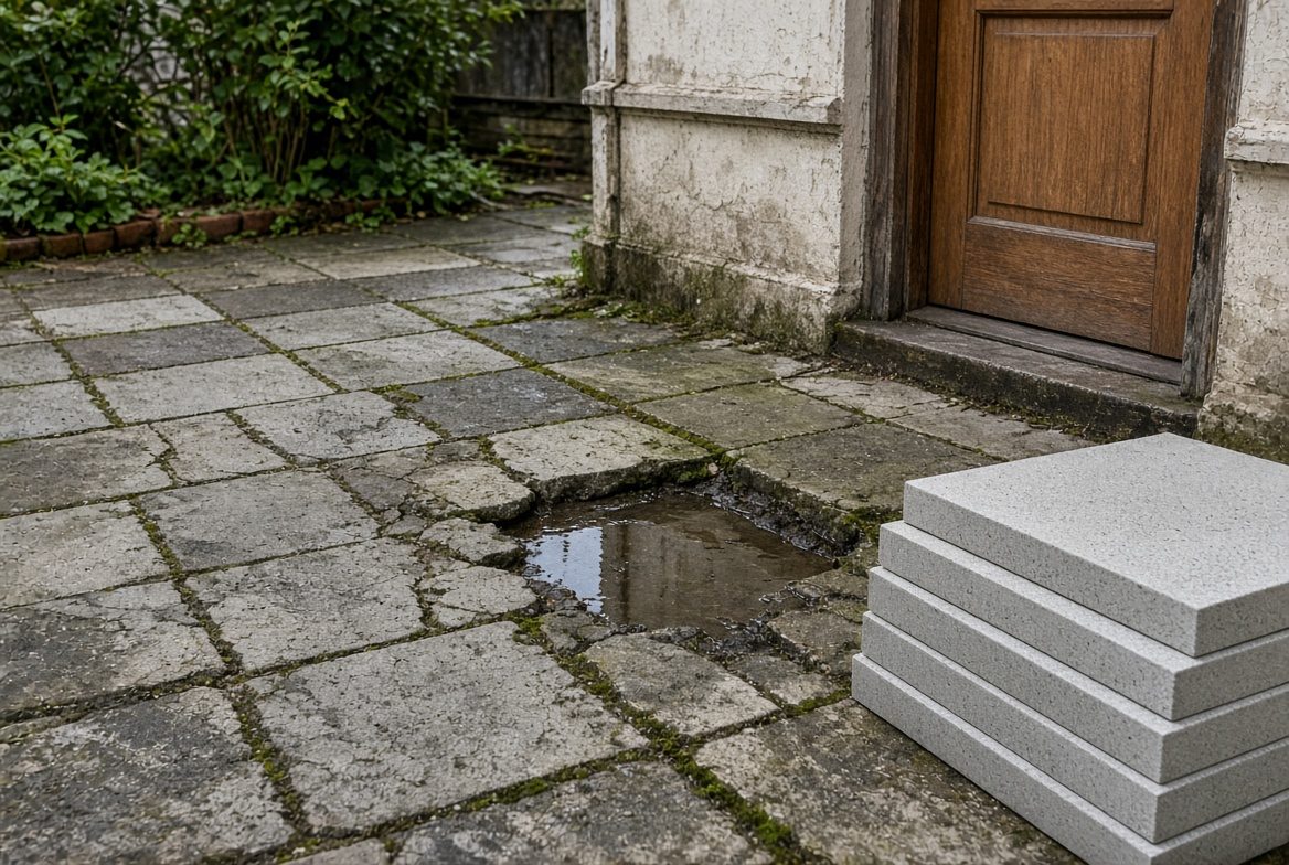 Linienentwässerung aus Metall in nassem Betonpflaster vor einer Garage nach Regen
