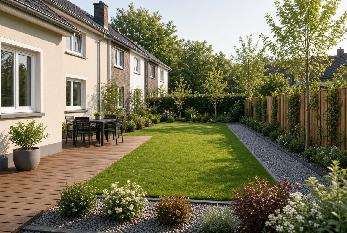 Alte Terrasse mit Moos und abgesackten Platten, daneben Stapel neuer Terrassenplatten