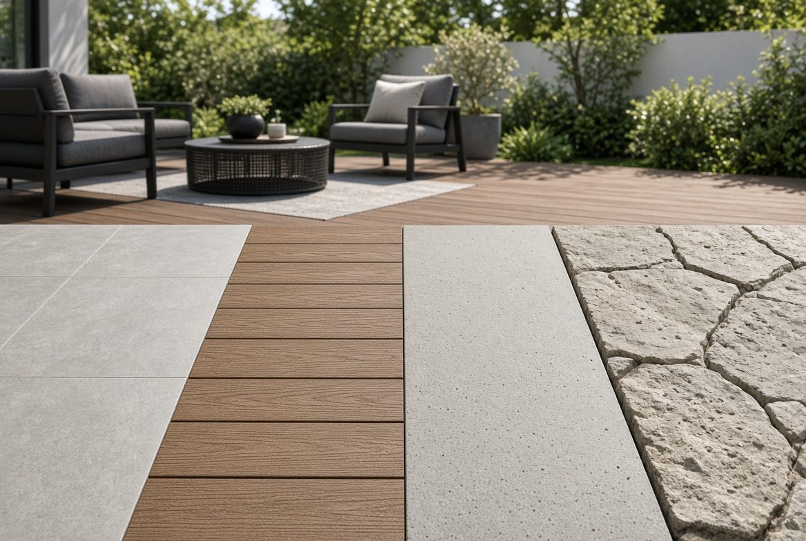 Vier Terrassenbeläge im Vergleich: Keramik, WPC, Beton und Naturstein nebeneinander